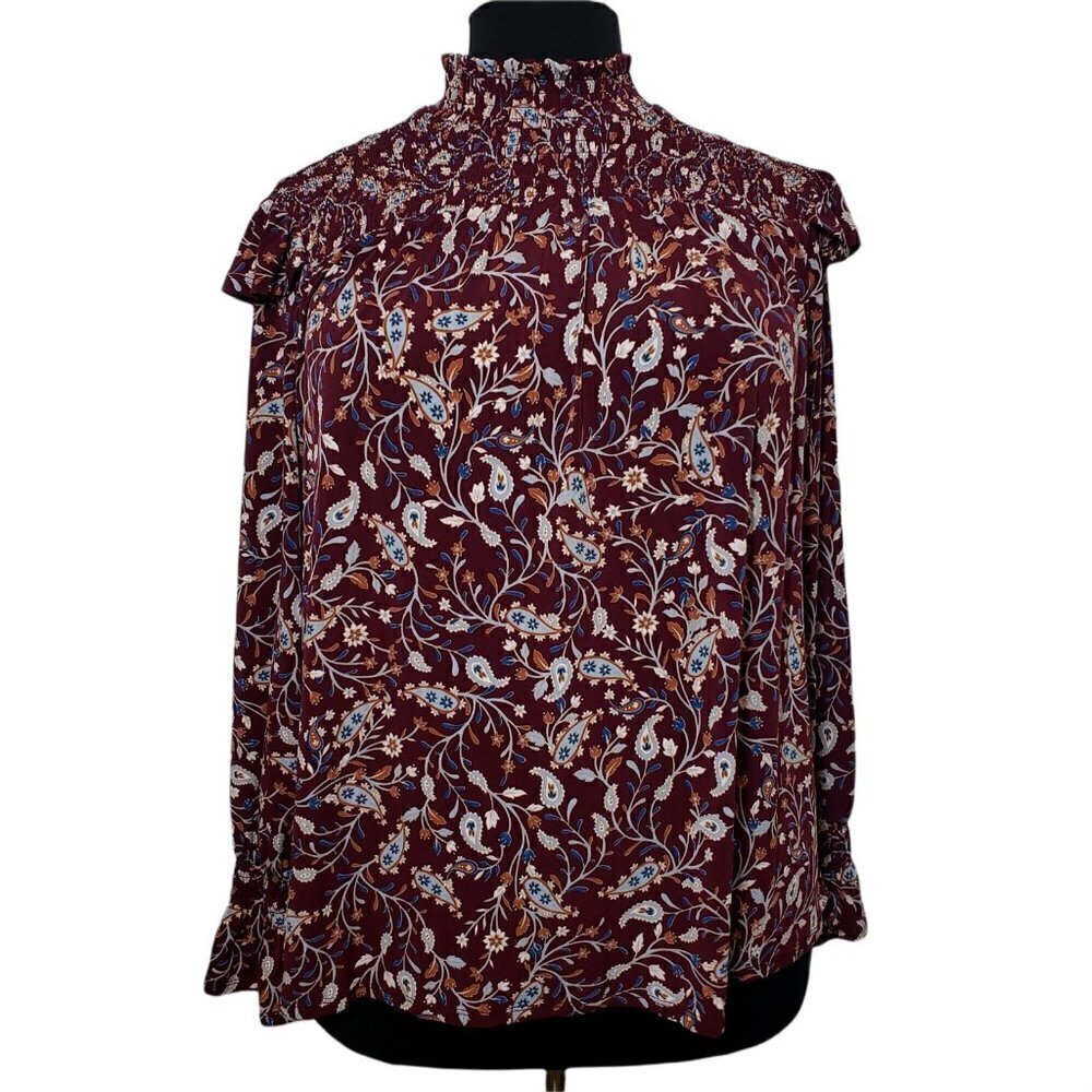 ☀ Est 1956 Red Floral Paisley Long Sleeve Mock Neck Pullover Blouse Size XL